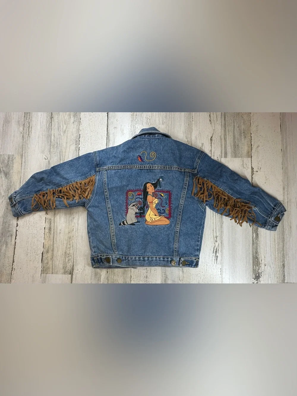 Vintage 90s Disney Store POCAHONTAS Denim Jacket Girls Small Fringe
